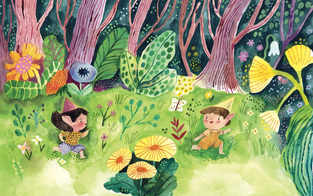 Whimsical children's book illustration of playing children by Judit Orosz