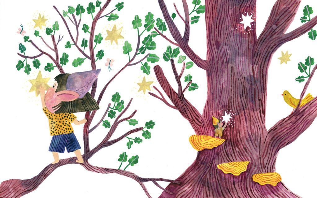 Detailed storytelling illustration for kids' literature with a nostalgic feel, artist Judit Orosz.