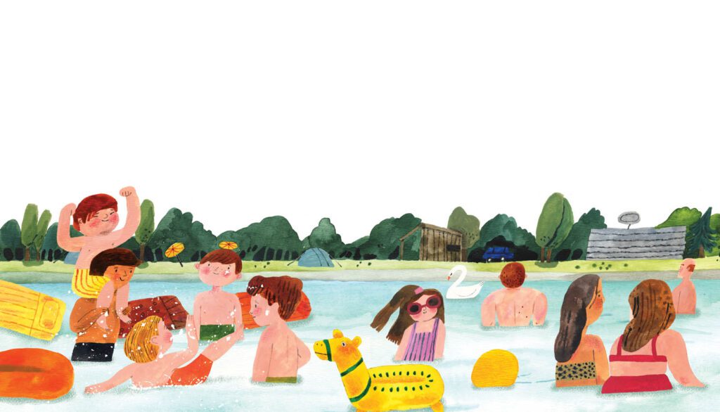 Nature-inspired picture book illustration focusing on swimming in the lake, mixed media art by Judit Orosz.