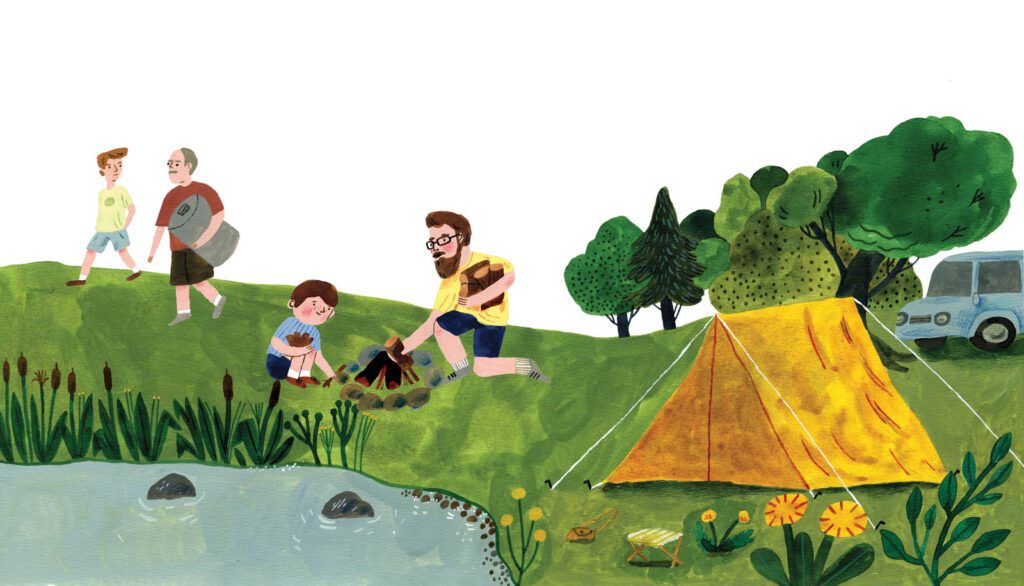 Nature-inspired picture book illustration focusing on camping, mixed media art by Judit Orosz.