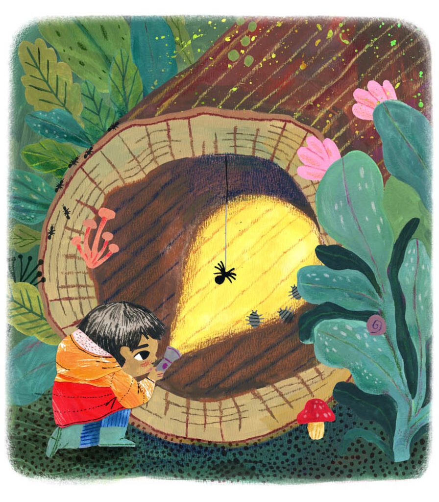 Nature-inspired picture book illustration focusing on kid's outdoor adventures, mixed media art by Judit Orosz.