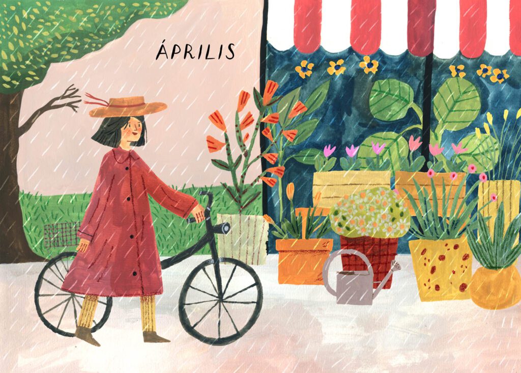 Cozy seasonal illustration for a diary spread, focusing on raining by Judit Orosz.