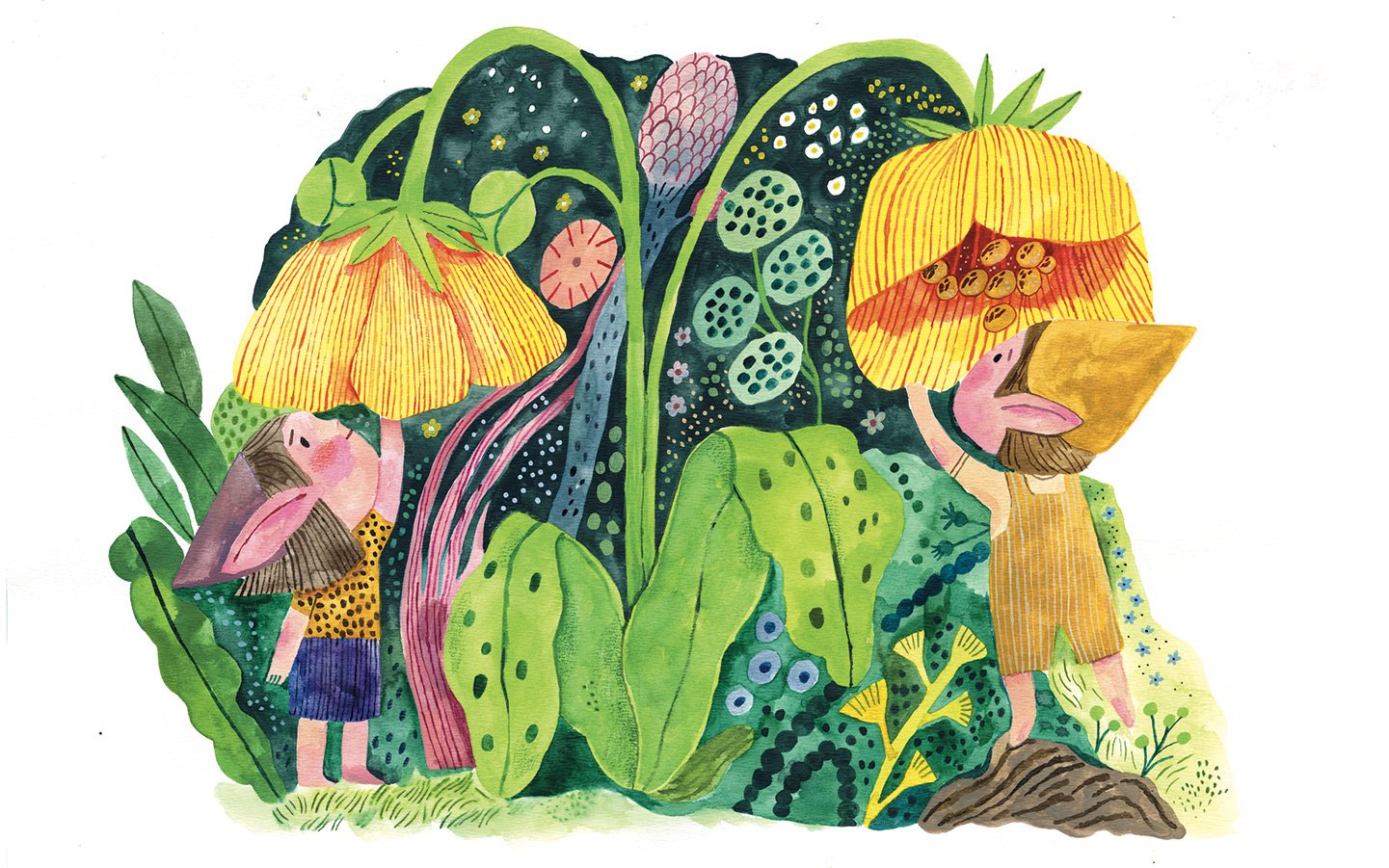 Vibrant hand-painted illustration for children's publishing, focusing on nature and children by Judit Orosz