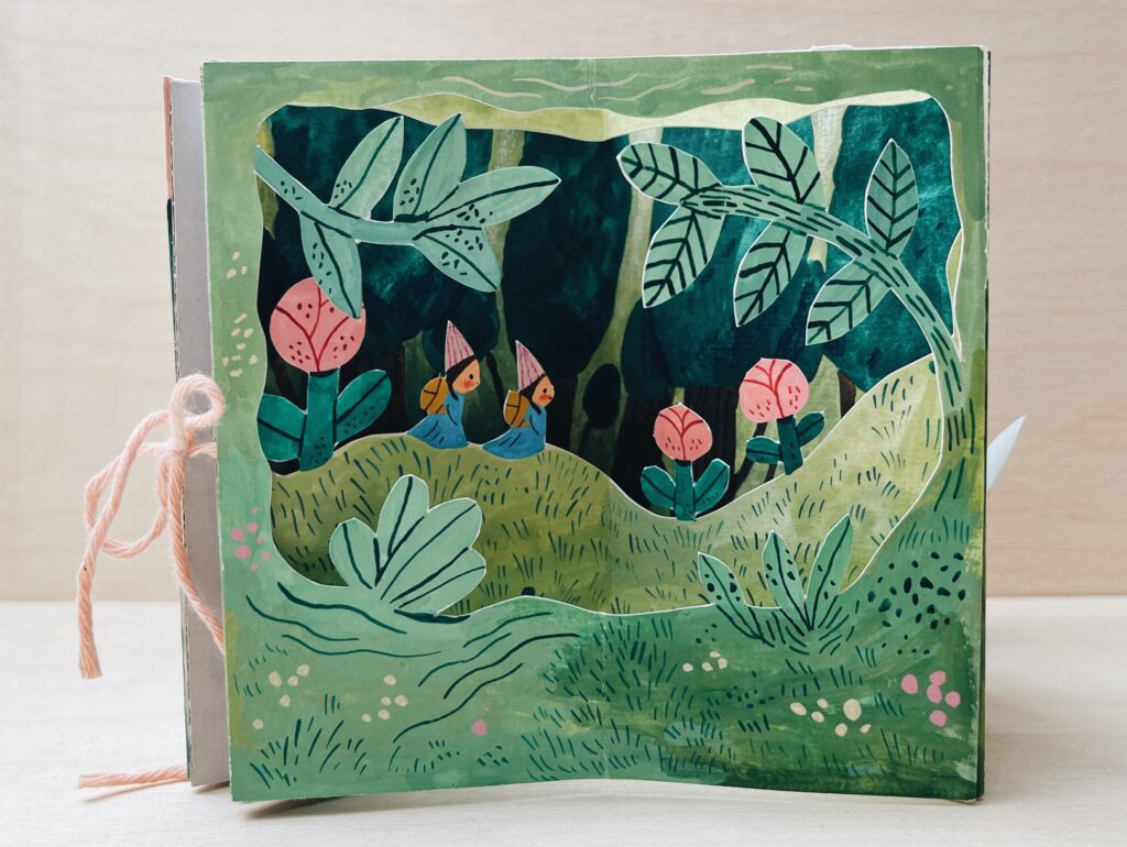 3D paper art scene showing forest walk for a pop-up book by Judit Orosz.