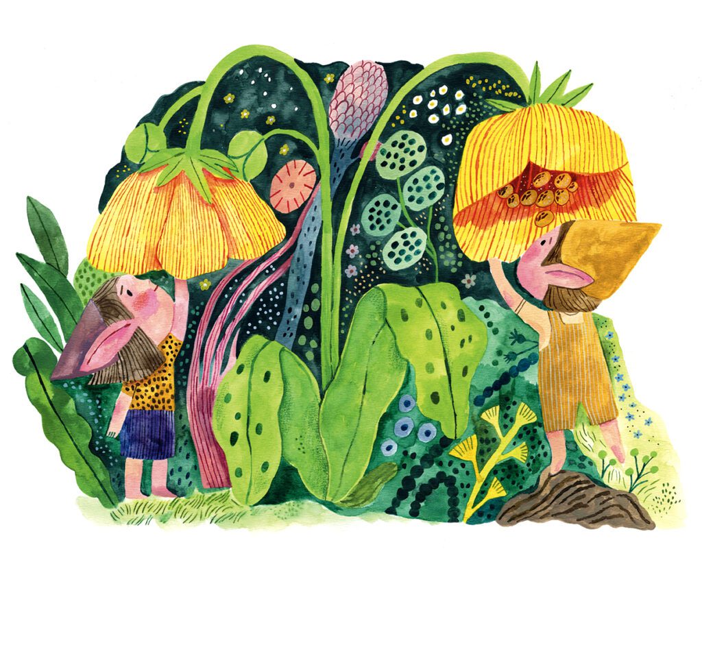 Atmospheric picture book art depicting children in nature, created by Judit Orosz.