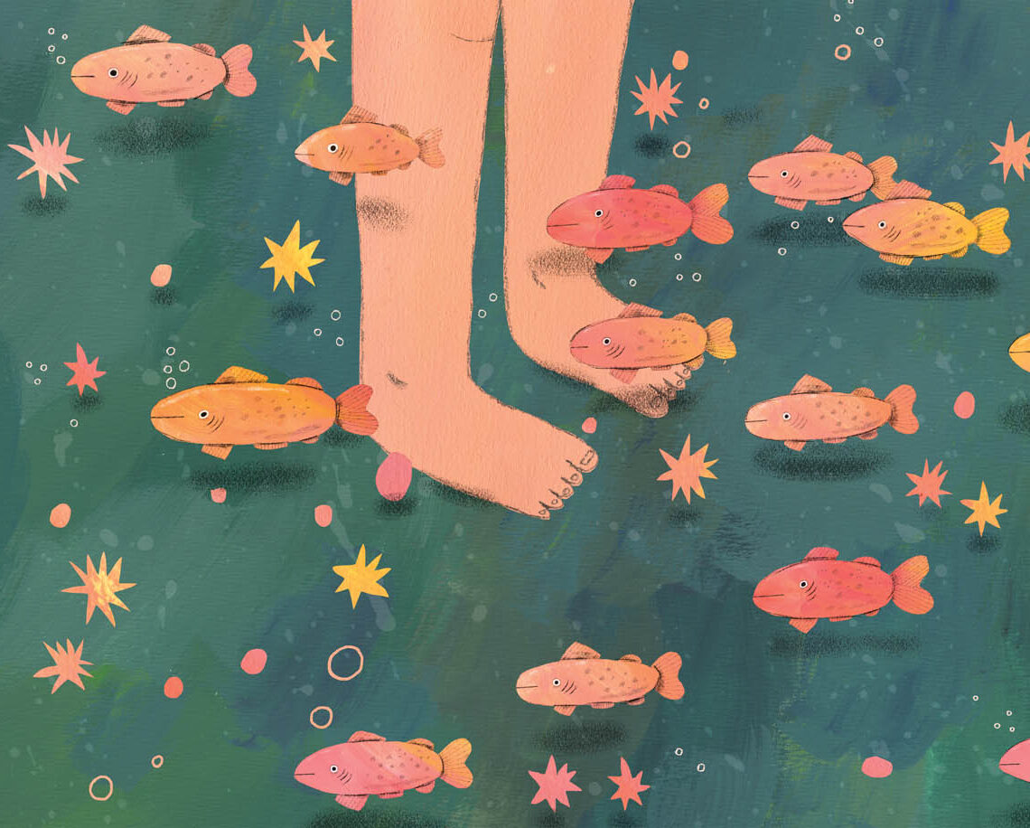 Nature-inspired picture book illustration focusing on kids in summer, mixed media art by Judit Orosz.