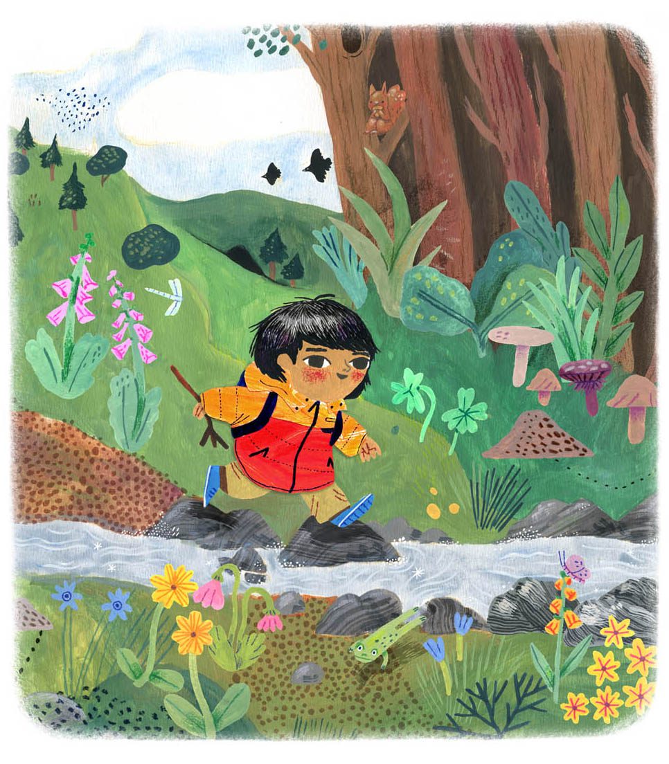 Cute character design for children's books featuring a little boy, mixed media art by Judit Orosz.