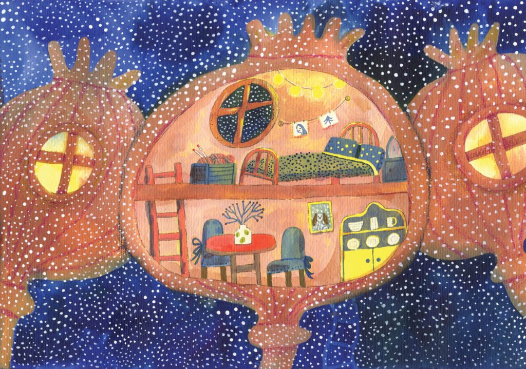 Detailed whimsical seasonal illustration, january, winter by Judit Orosz.