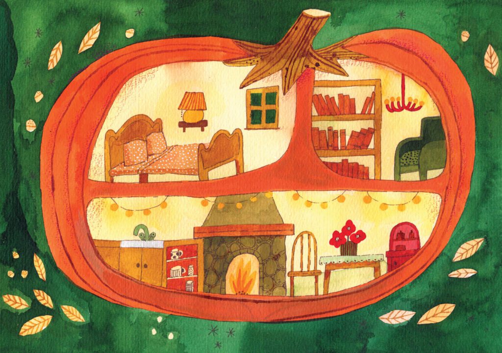 Detailed whimsical seasonal illustration, october, fall by Judit Orosz.