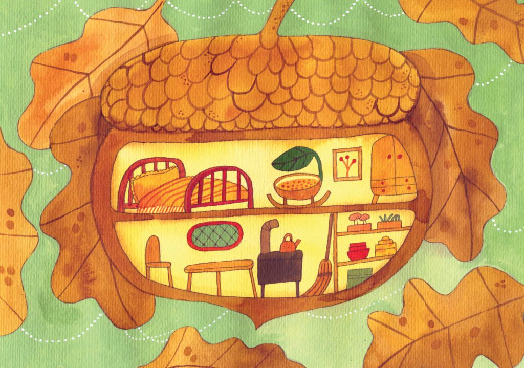 Detailed whimsical seasonal illustration, november, fall by Judit Orosz.