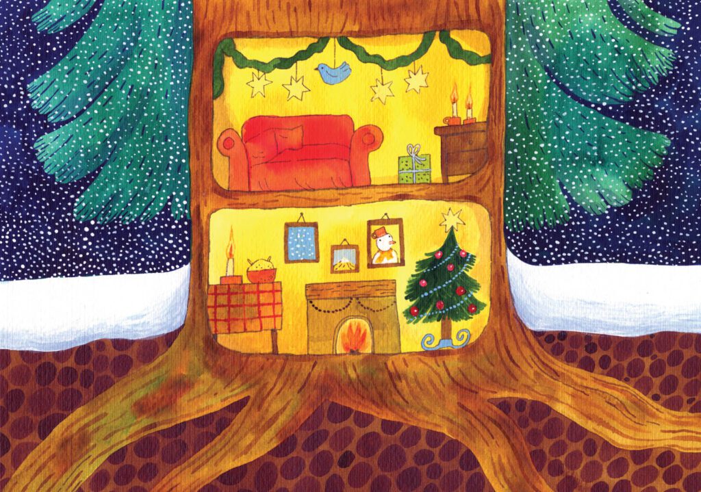 Detailed whimsical seasonal illustration,december, winter by Judit Orosz.