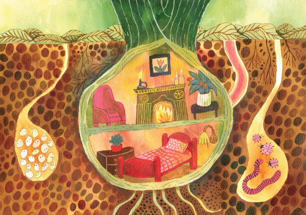 Detailed whimsical seasonal illustration, february, winter by Judit Orosz.