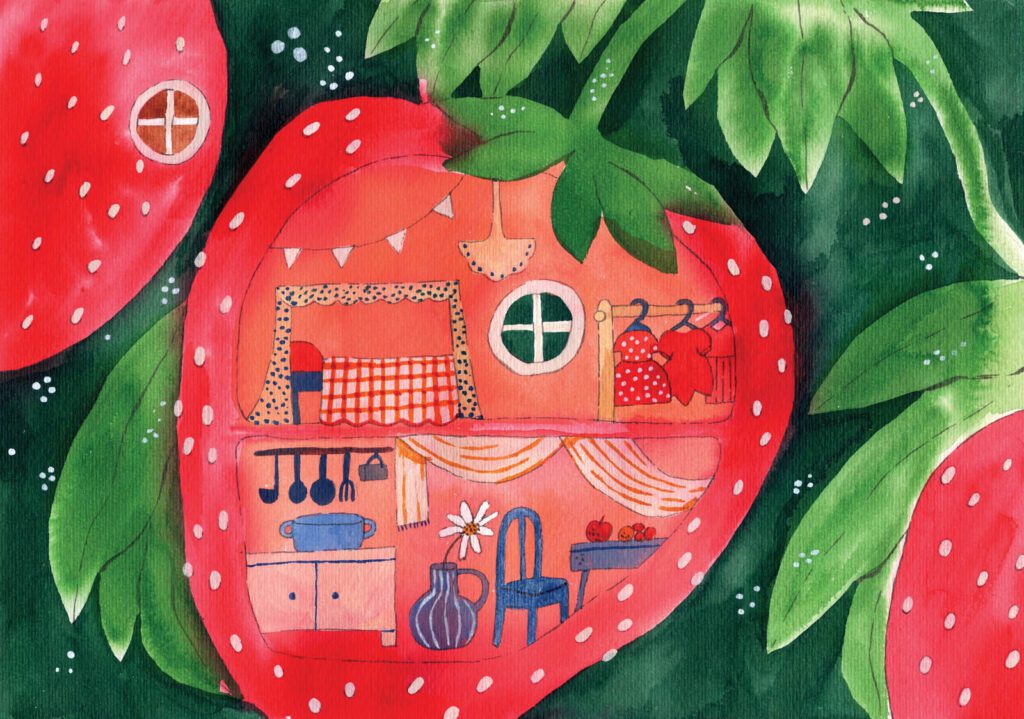 Detailed whimsical seasonal illustration, june, summer by Judit Orosz.