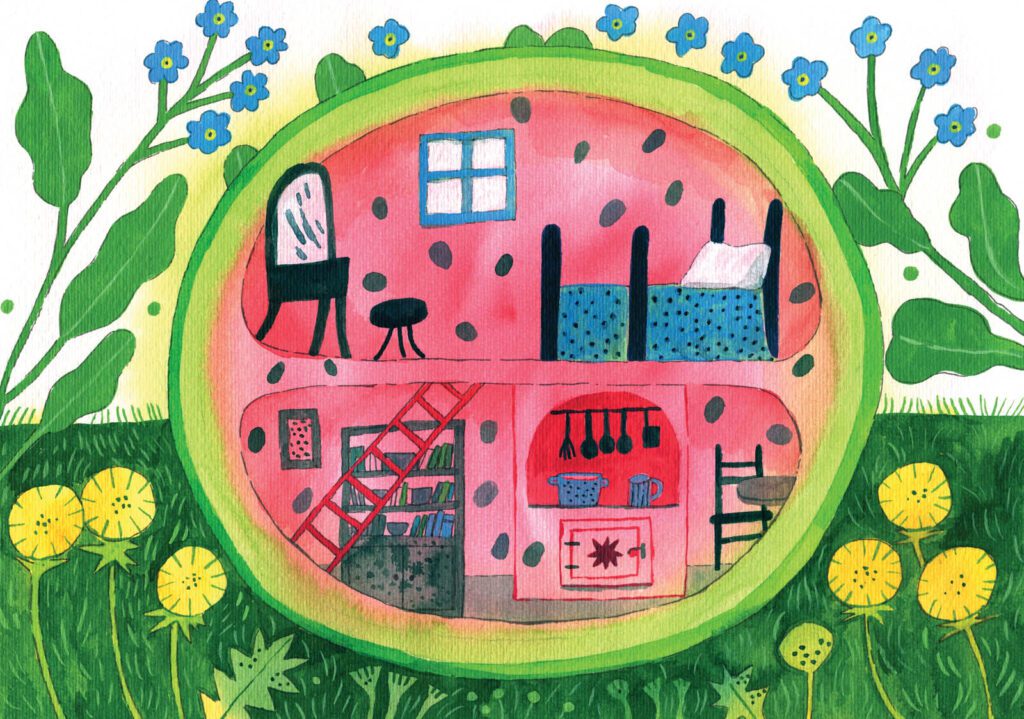 Detailed whimsical seasonal illustration, july, summer by Judit Orosz.