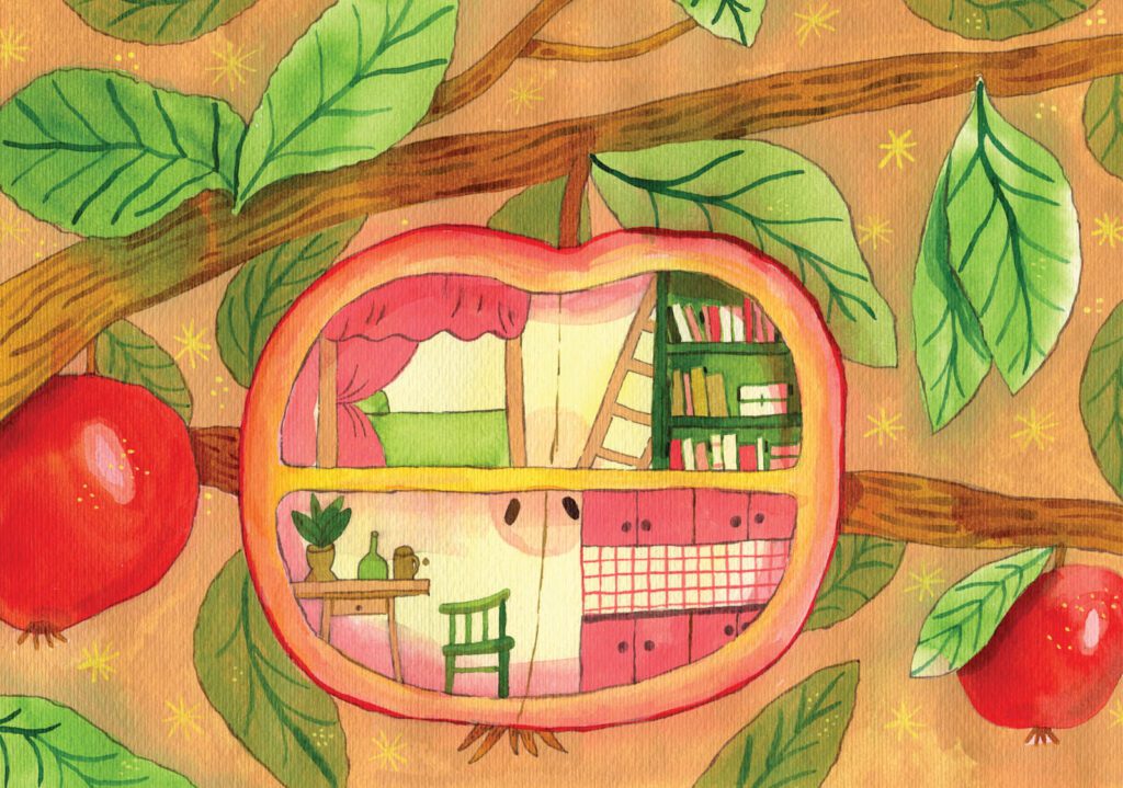 Detailed whimsical seasonal illustration, august, summer by Judit Orosz.